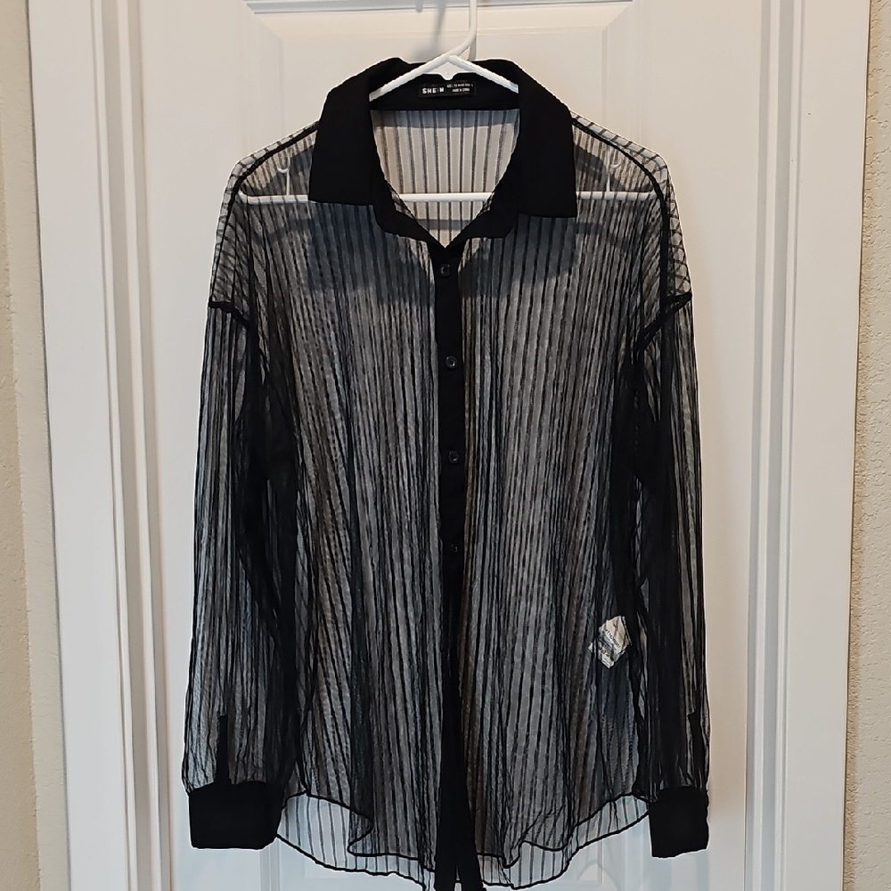 Womens Black Sheer Button Down Shirt